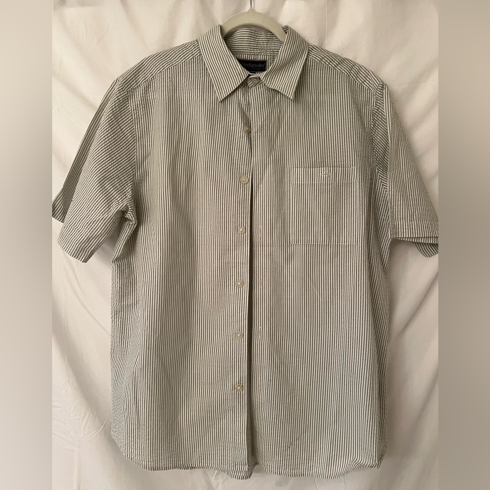 Weekenders Green and White Striped Button-Down Shirt Seersucker